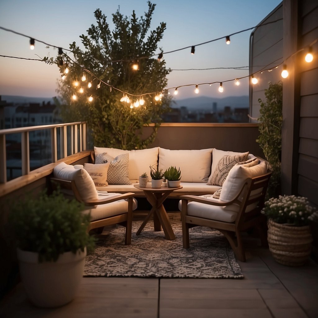 A cozy patio with a wooden table, potted plants, and string lights. A comfortable seating area with cushions and a rug completes the inviting decor