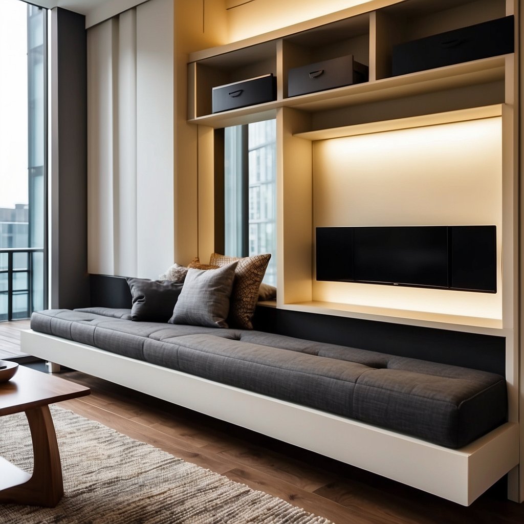 A living room with built-in shelves, a window seat, and a hidden storage bench under the seating area. The furniture is sleek and modern, blending seamlessly into the room's design