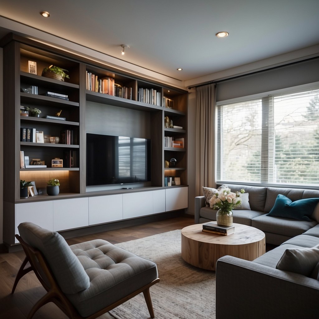 A cozy living room with custom built-ins, including a wall-to-wall bookshelf, a window seat with storage underneath, and a built-in entertainment center with hidden compartments