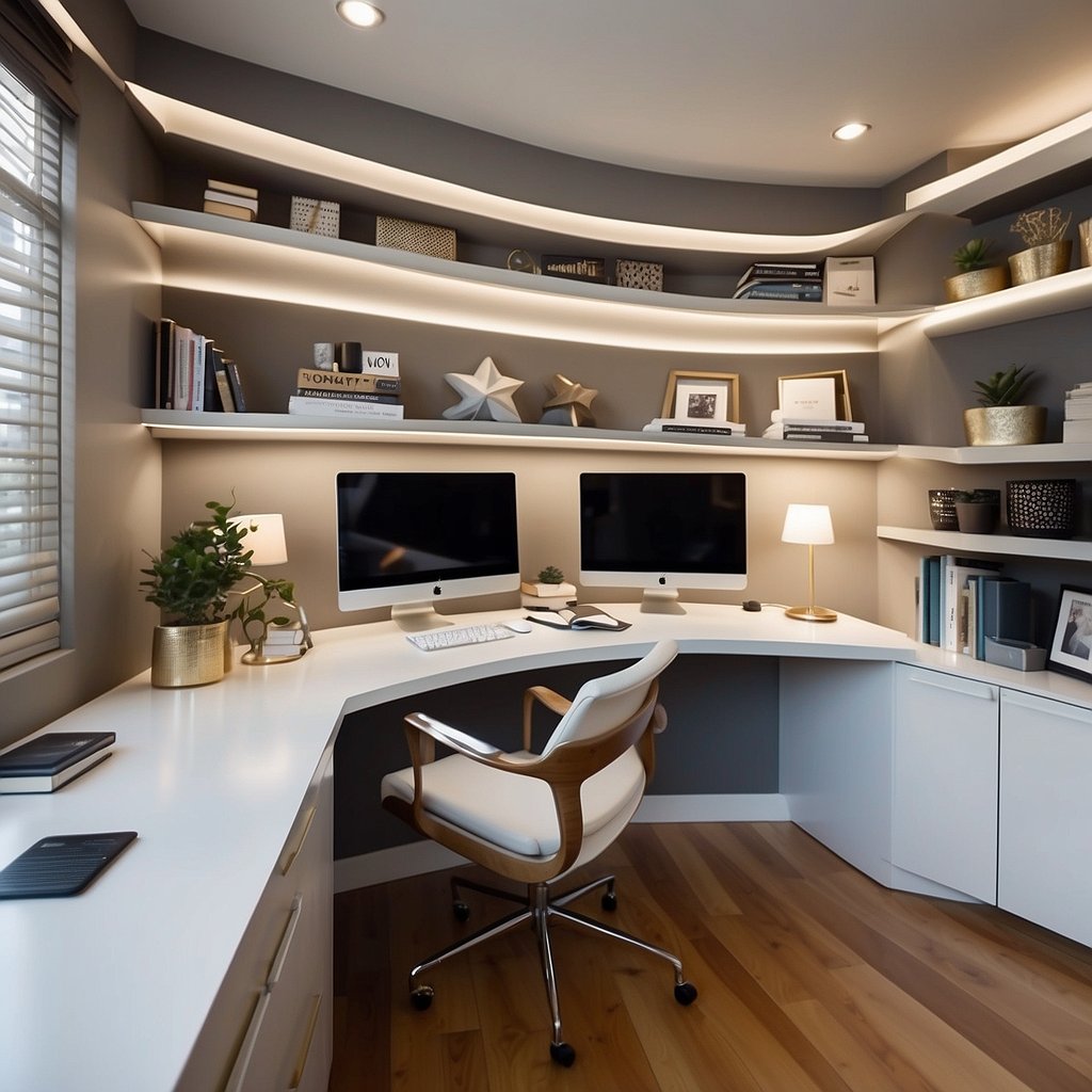 A sleek, organized home office with built-in desk, shelves, and storage. Natural light streams in through a large window, illuminating the space