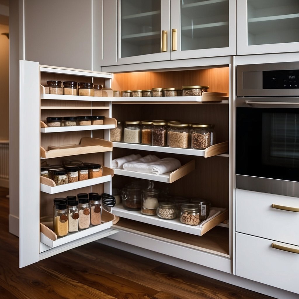 A kitchen with clever built-ins: pull-out spice racks, hidden trash bins, and sliding pantry shelves. Cabinets with built-in organizers and a fold-out ironing board