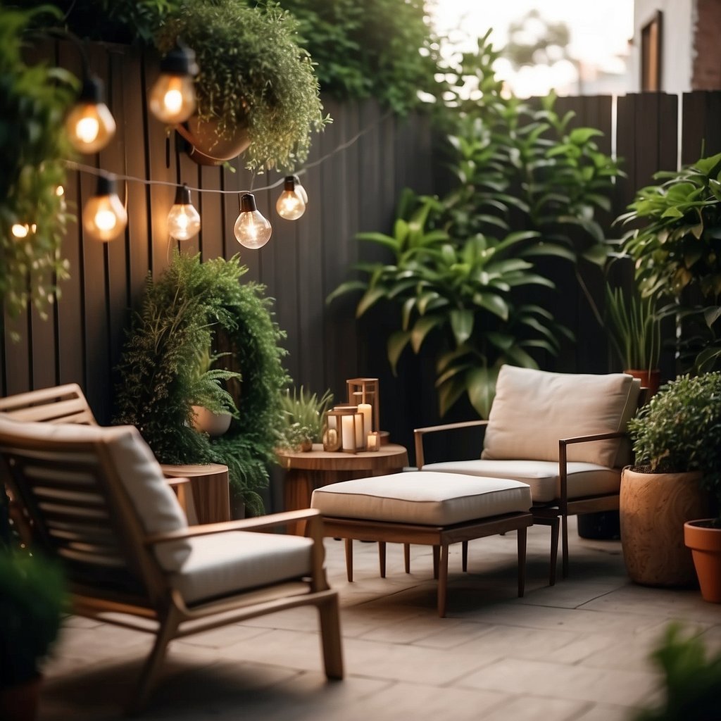 A cozy patio with modern furniture, lush green plants, and warm string lights creating a relaxing ambiance