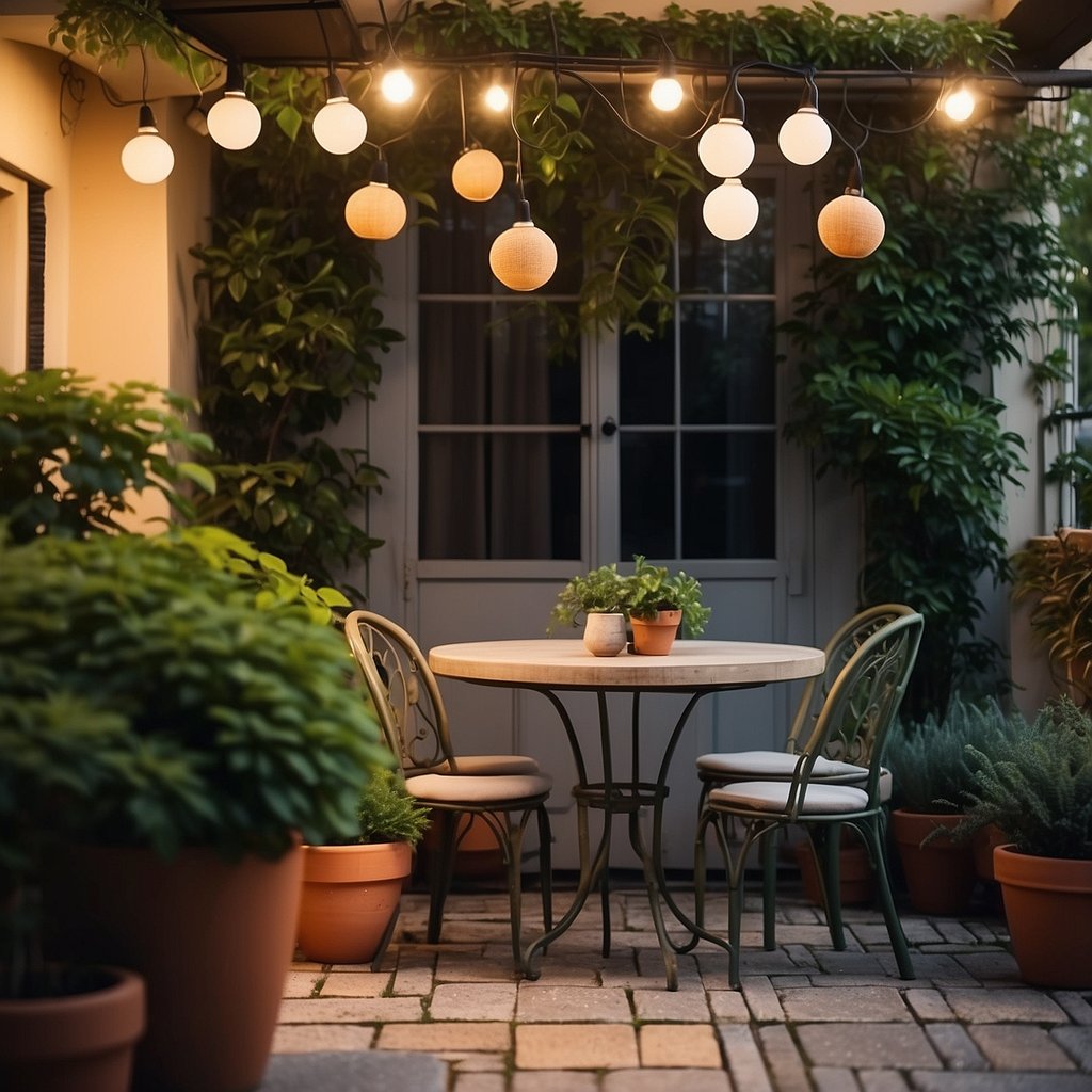 A cozy patio with potted plants, hanging lights, and a small bistro set, creating a welcoming and stylish outdoor space