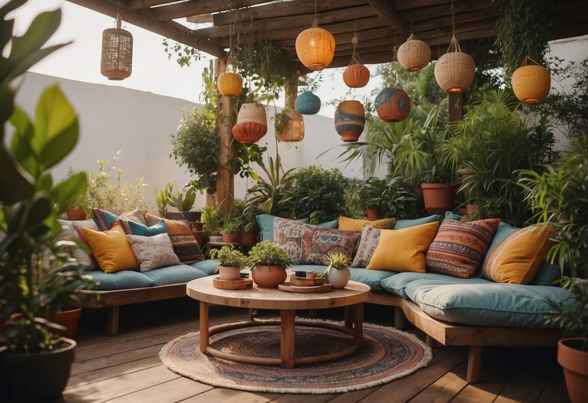 A cozy bohemian patio with floor cushions, hanging lanterns, and a low wooden table surrounded by potted plants and colorful rugs