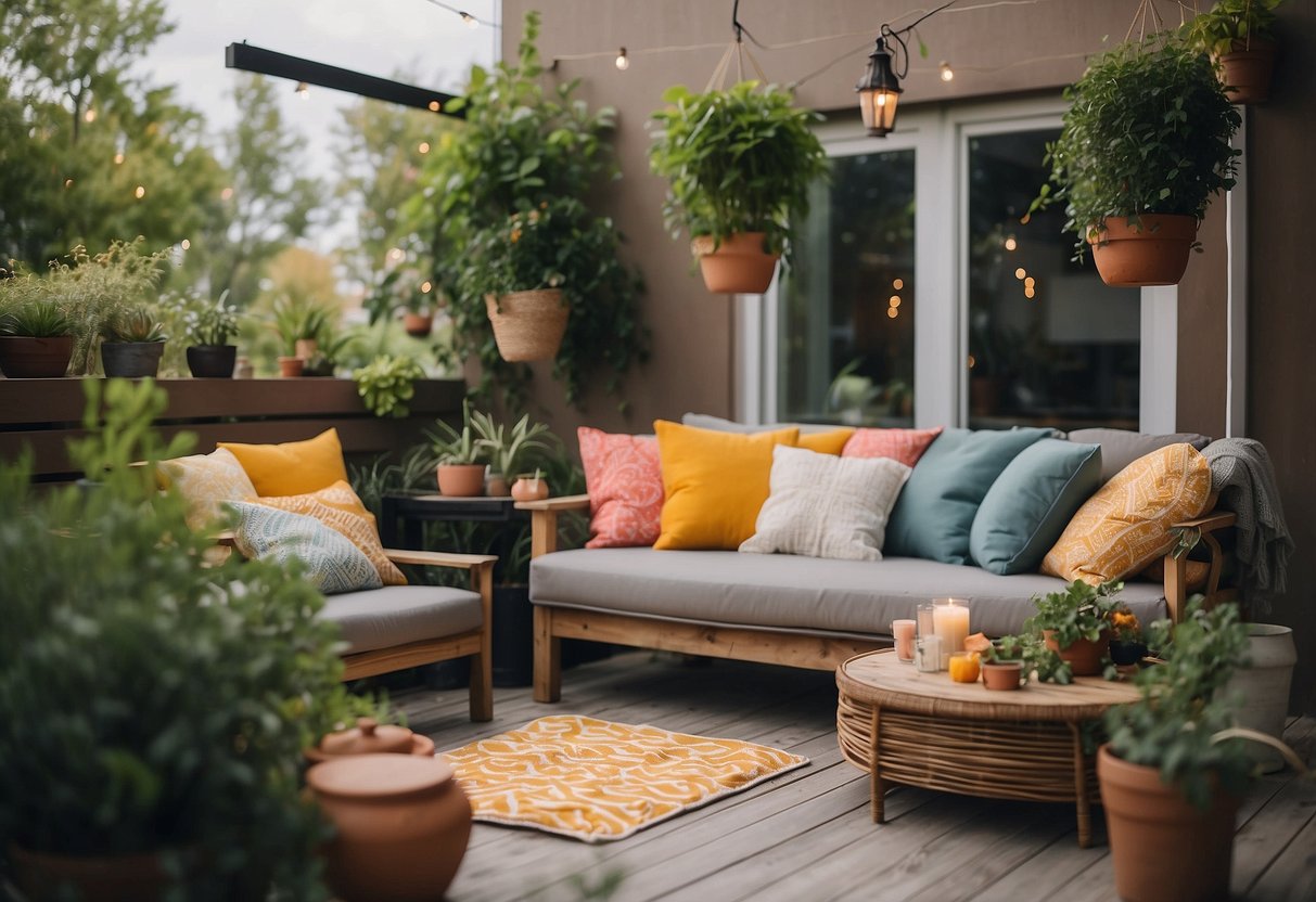 A cozy outdoor patio with mismatched furniture, colorful cushions, hanging plants, and a low table for DIY crafts