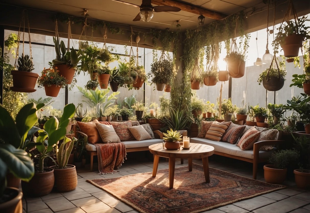 A cozy bohemian patio with hanging plants, colorful rugs, and floor cushions. A low wooden table holds potted succulents and candles. Sunlight filters through the leafy canopy overhead