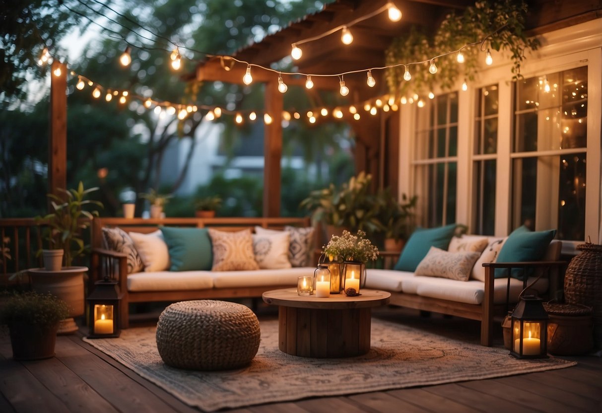 A cozy outdoor patio adorned with string lights, lanterns, and bohemian-style accessories. The warm glow of the lights creates a relaxed and inviting atmosphere