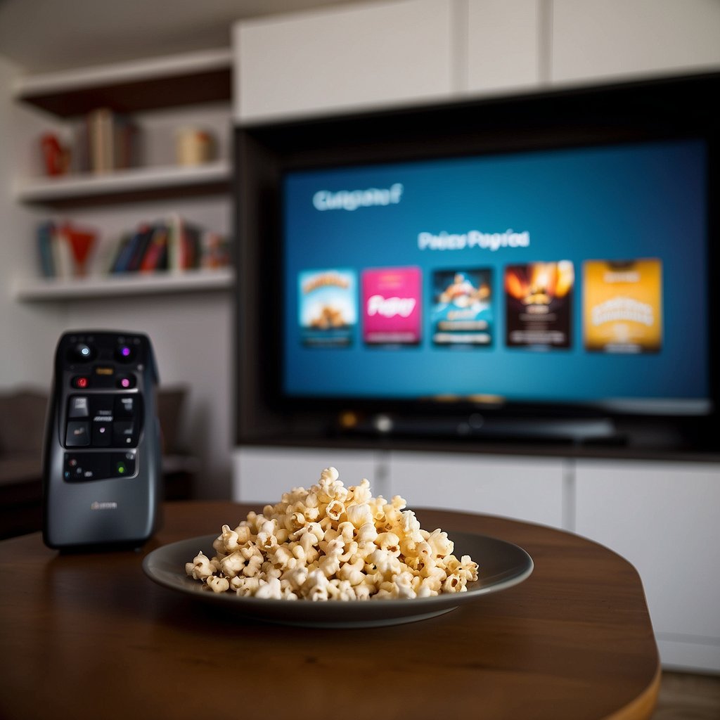 A cozy living room with a large TV, comfortable seating, and shelves filled with books, movies, and board games. A popcorn maker sits on a table, ready for use