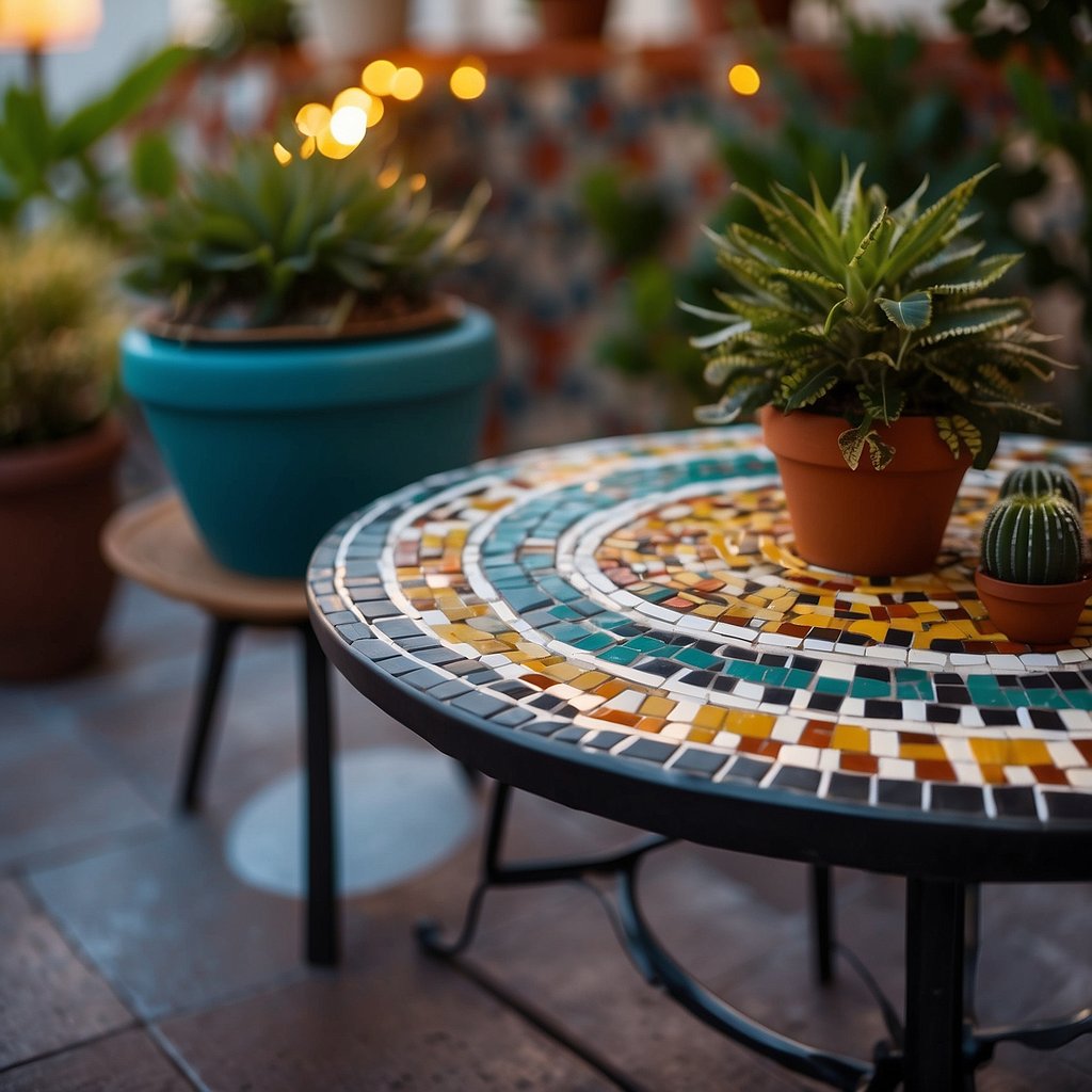 A patio table with a colorful mosaic top, surrounded by potted plants and string lights, creating a cozy and inviting outdoor space