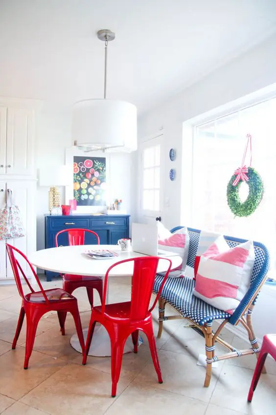 Red, White and Blue Breakfast Room Featured in Cottages & Bungalows Magazine