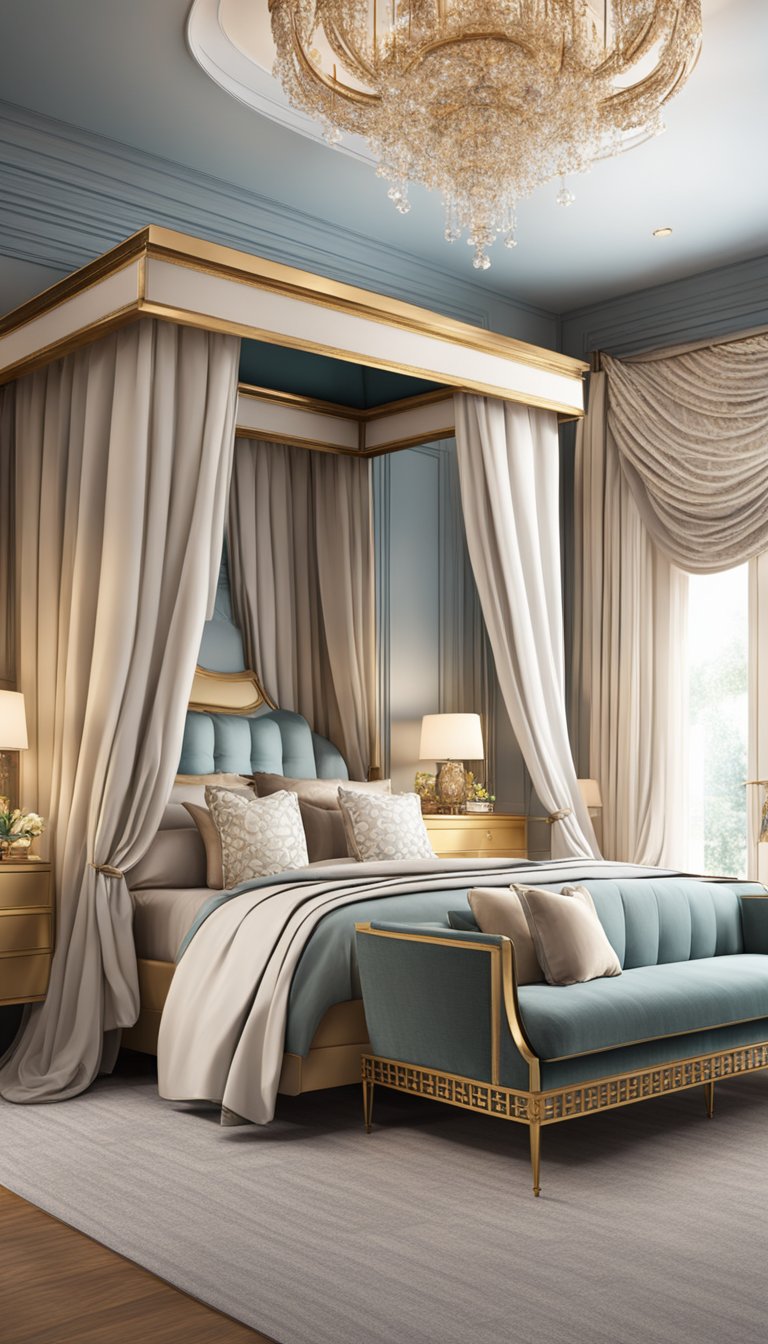 A grand canopy bed with plush bedding, elegant chandelier, and luxurious textiles in a spacious, opulent bedroom