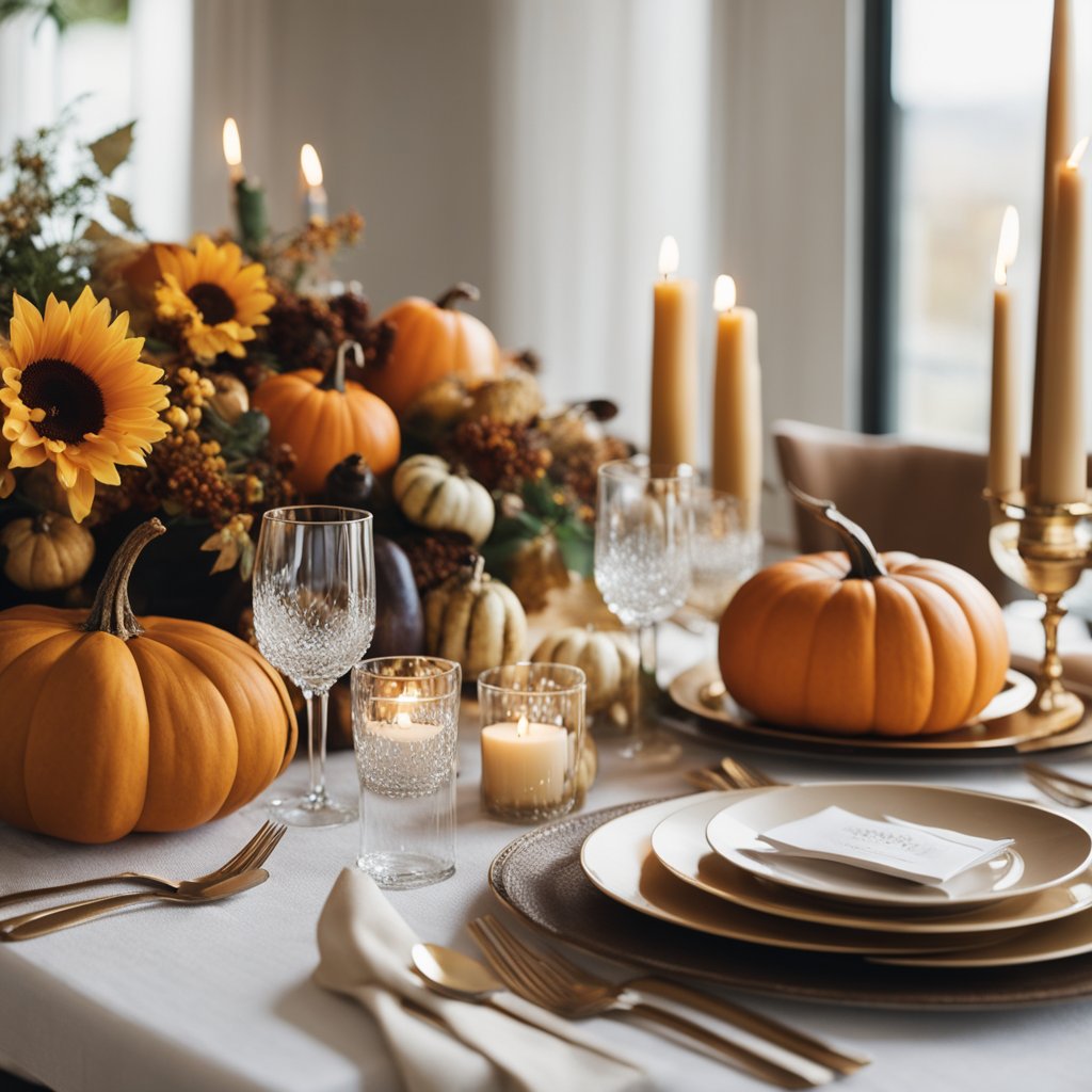 A dining table adorned with a festive Thanksgiving centerpiece, featuring autumnal flowers, gourds, and candles, surrounded by family and friends