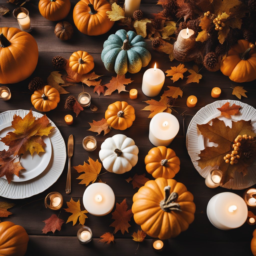 A table adorned with autumn leaves, pumpkins, and candles