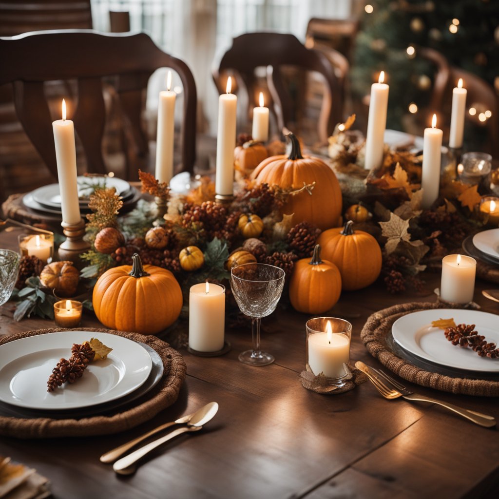 A rustic wooden table adorned with autumn leaves, pumpkins, and candles, surrounded by cozy chairs and filled with festive Thanksgiving centerpieces