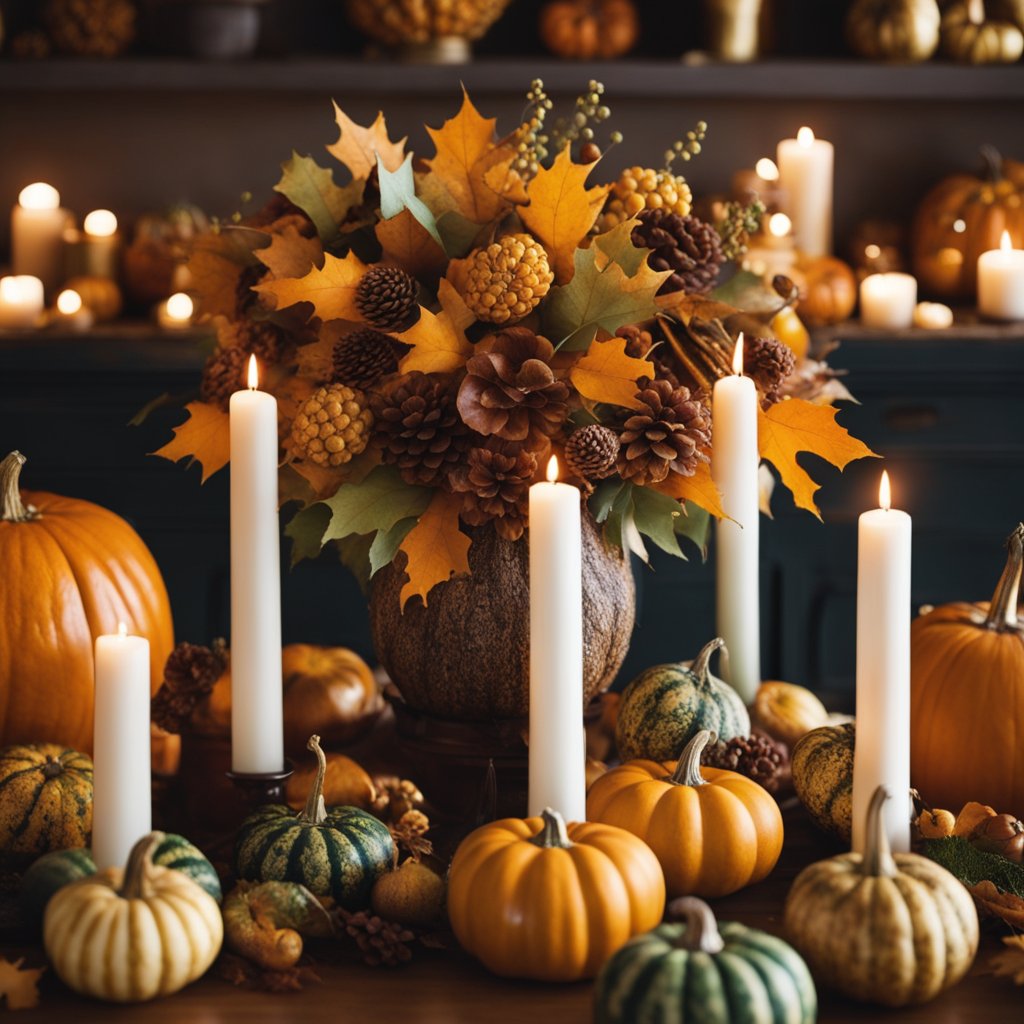 An array of autumnal gourds, vibrant leaves, and flickering candles adorn the Thanksgiving centerpieces, adding the finishing touches and intricate detailing