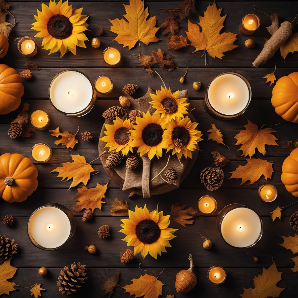 A rustic wooden table adorned with autumn leaves, pinecones, and sunflowers, surrounded by flickering candles and small pumpkins