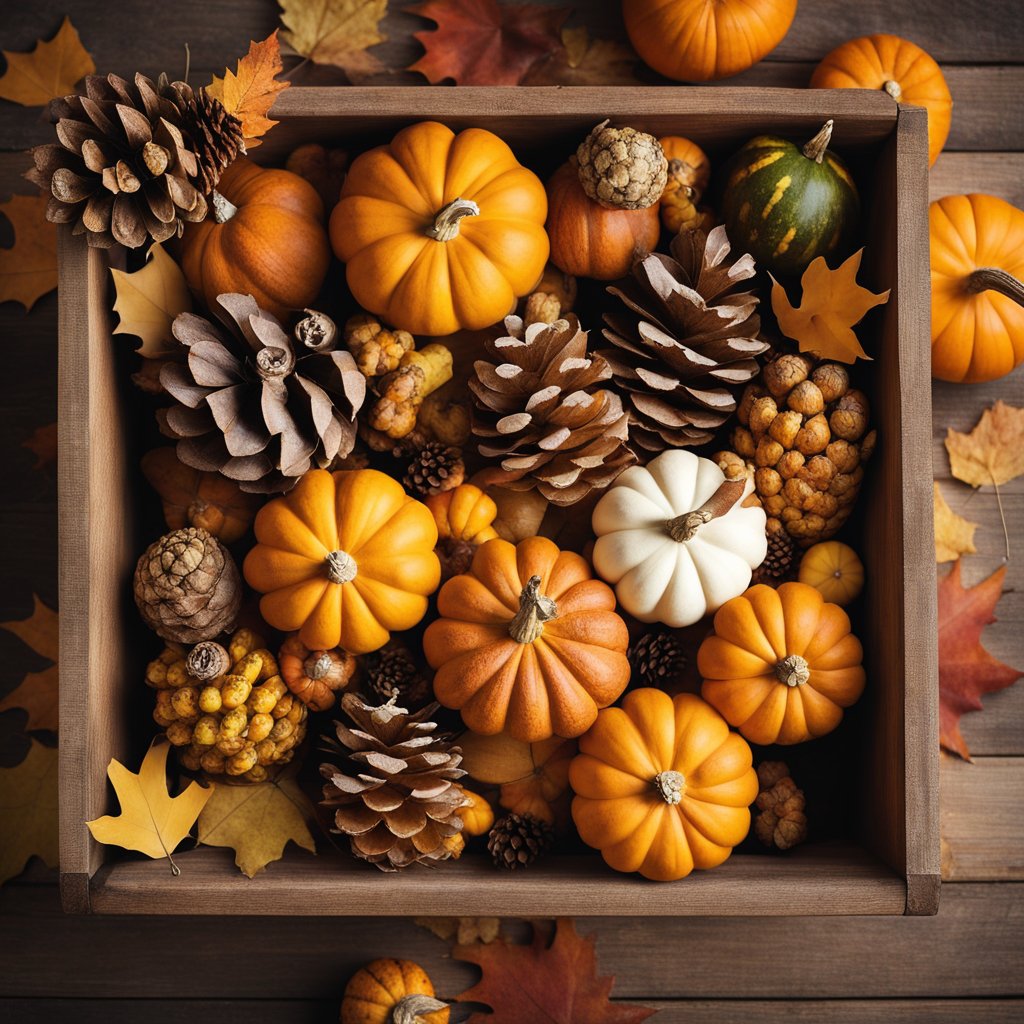 A rustic wooden container filled with autumn leaves, pinecones, and colorful gourds, serving as a Thanksgiving centerpiece