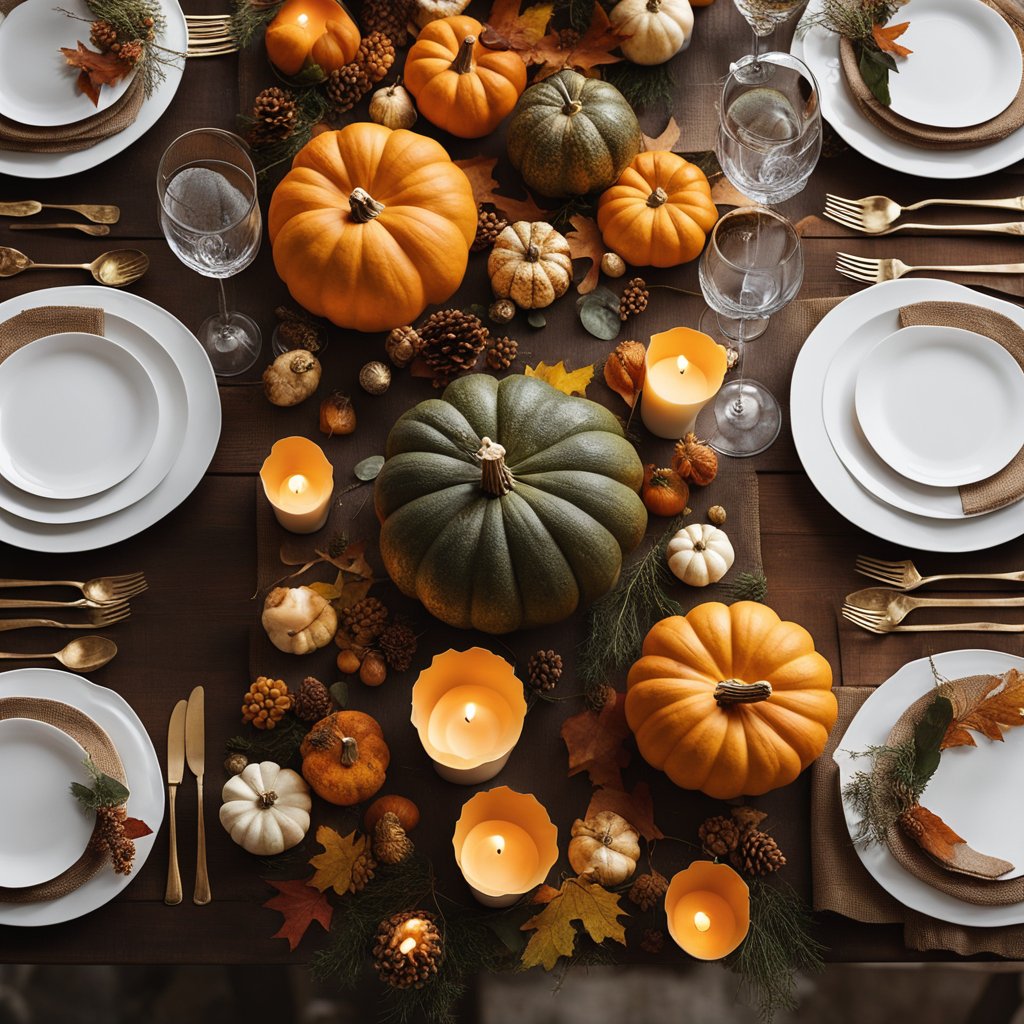 A rustic wooden table adorned with fall foliage, pumpkins, candles, and gourds for a festive Thanksgiving centerpiece