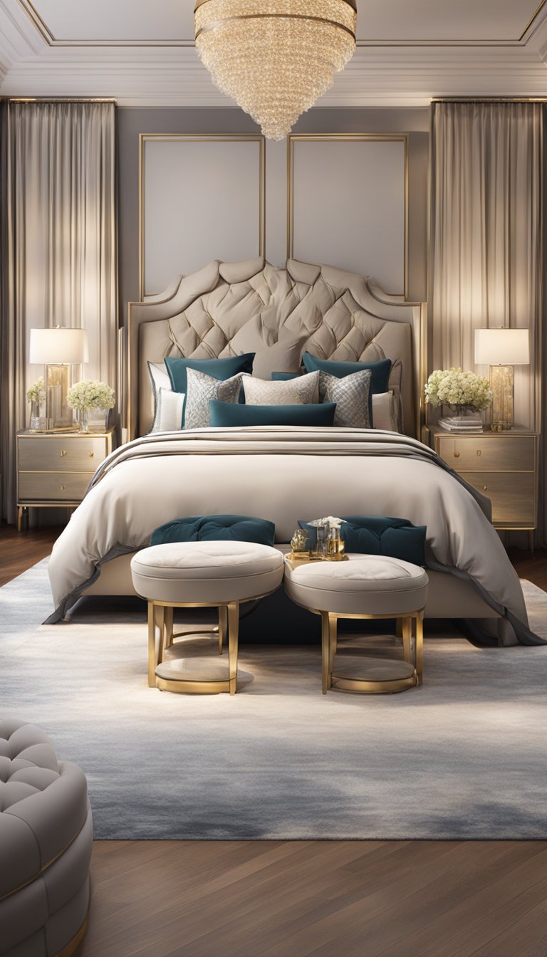 A luxurious bedroom with opulent furnishings, plush bedding, elegant decor, and soft lighting creating a cohesive and sophisticated aesthetic