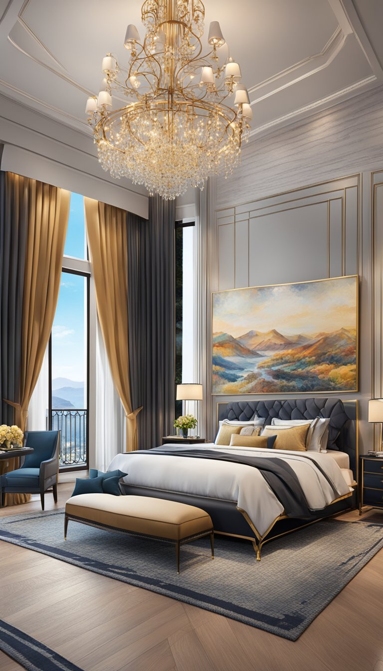 A luxurious bedroom with a king-sized bed, elegant furniture, and high-end amenities such as a fireplace, chandelier, and floor-to-ceiling windows overlooking a stunning view