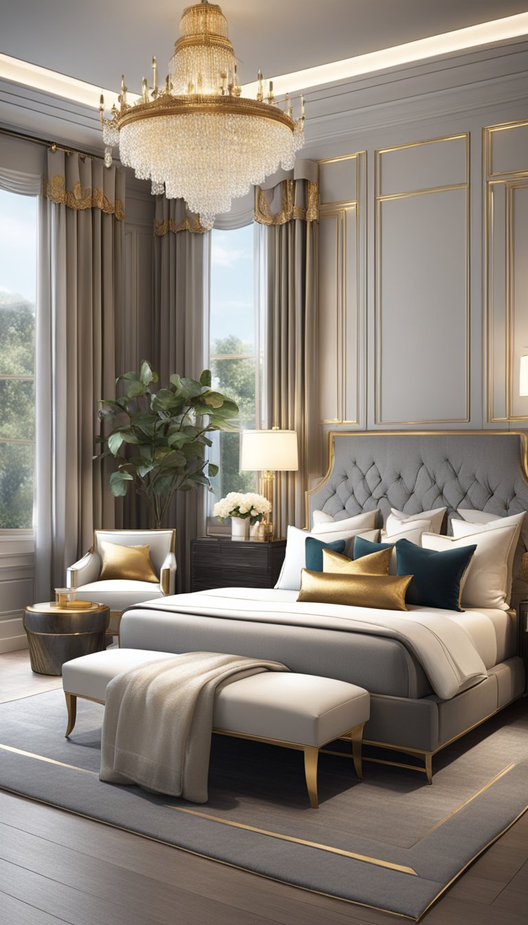 A luxurious bedroom with elegant accessories and decor, including plush pillows, ornate lamps, and a sleek chandelier. Rich fabrics and metallic accents add opulence to the space