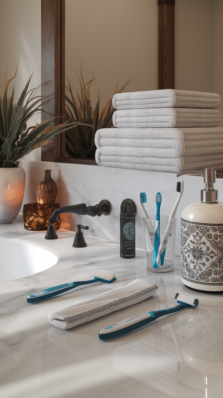 A well-arranged bathroom countertop with stacked towels, toothbrushes, a decorative soap dispenser, and plants.