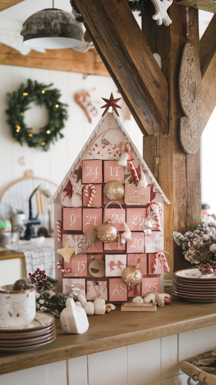 A decorative advent calendar shaped like a house with numbered doors and festive accents.