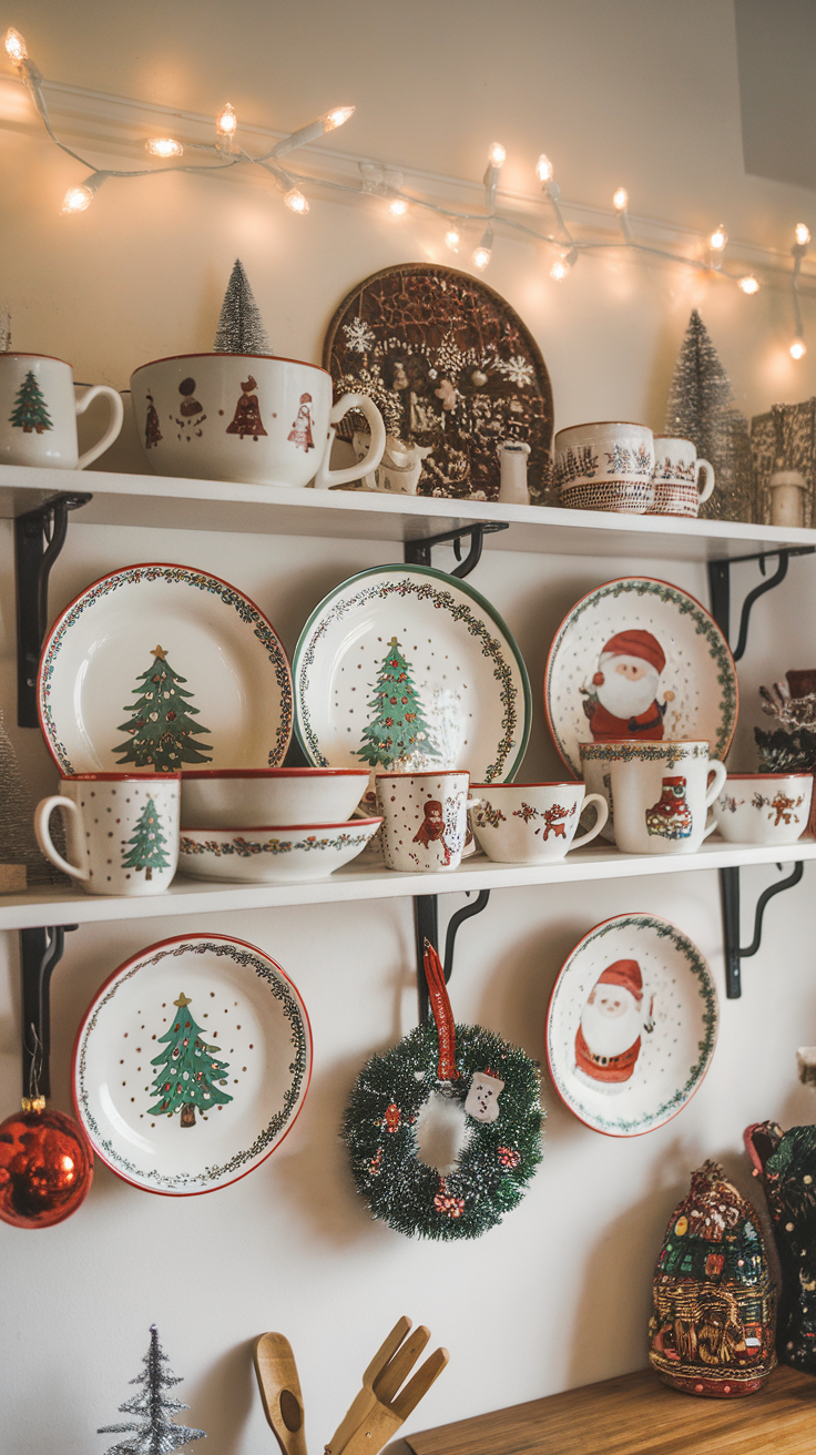 Colorful Christmas dishware with festive designs, including trees and Santa, displayed on shelves