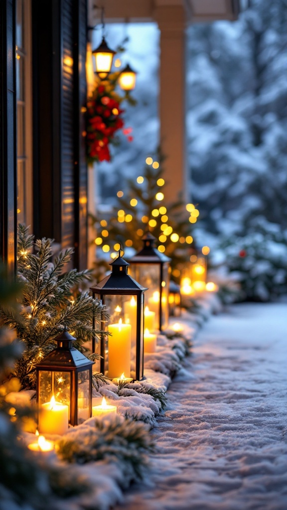 A snowy pathway lined with lanterns and candles, creating a warm and inviting atmosphere.