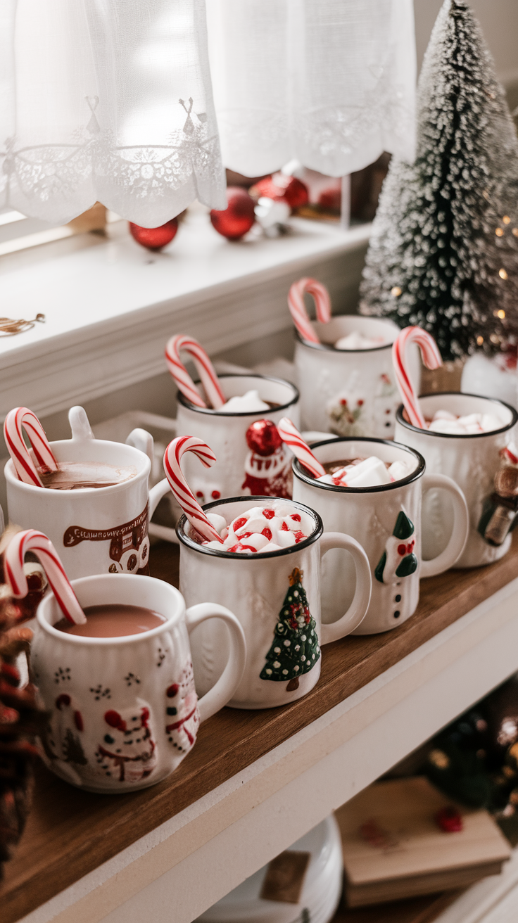 A collection of festive mugs filled with hot chocolate, topped with whipped cream and candy canes, displayed on a wooden shelf.