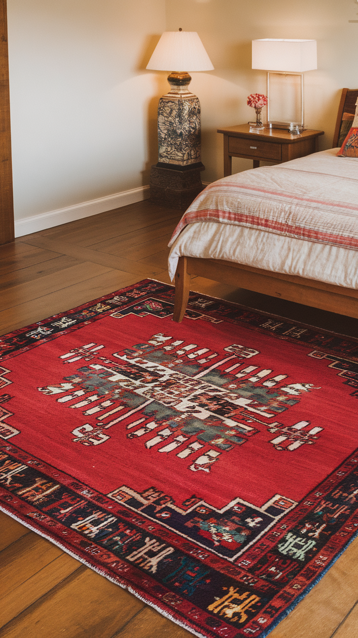 A vibrant red rug with intricate patterns placed beside a bed in a cozy room.