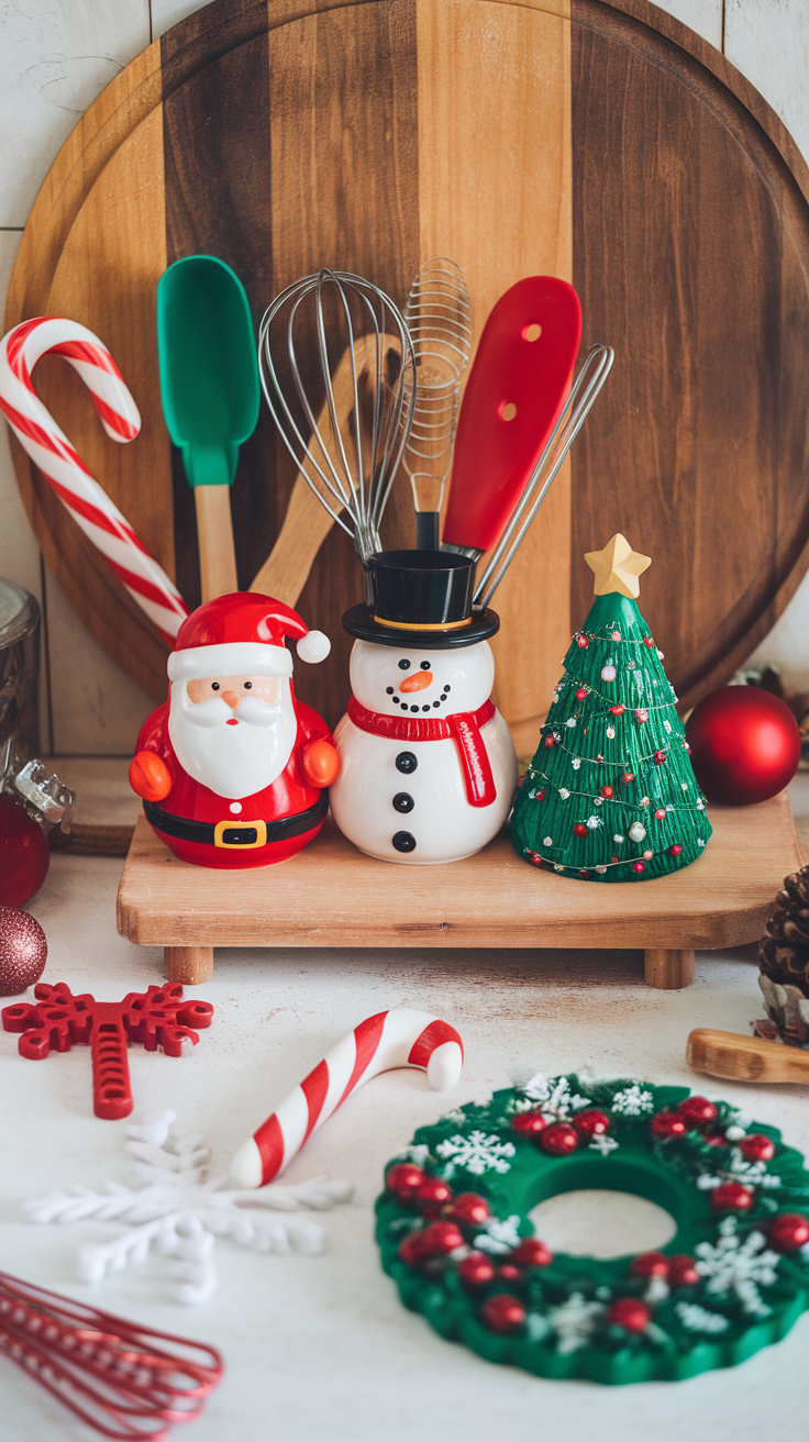 Colorful holiday utensil holders featuring Santa, a snowman, and a Christmas tree with candy canes and ornaments.