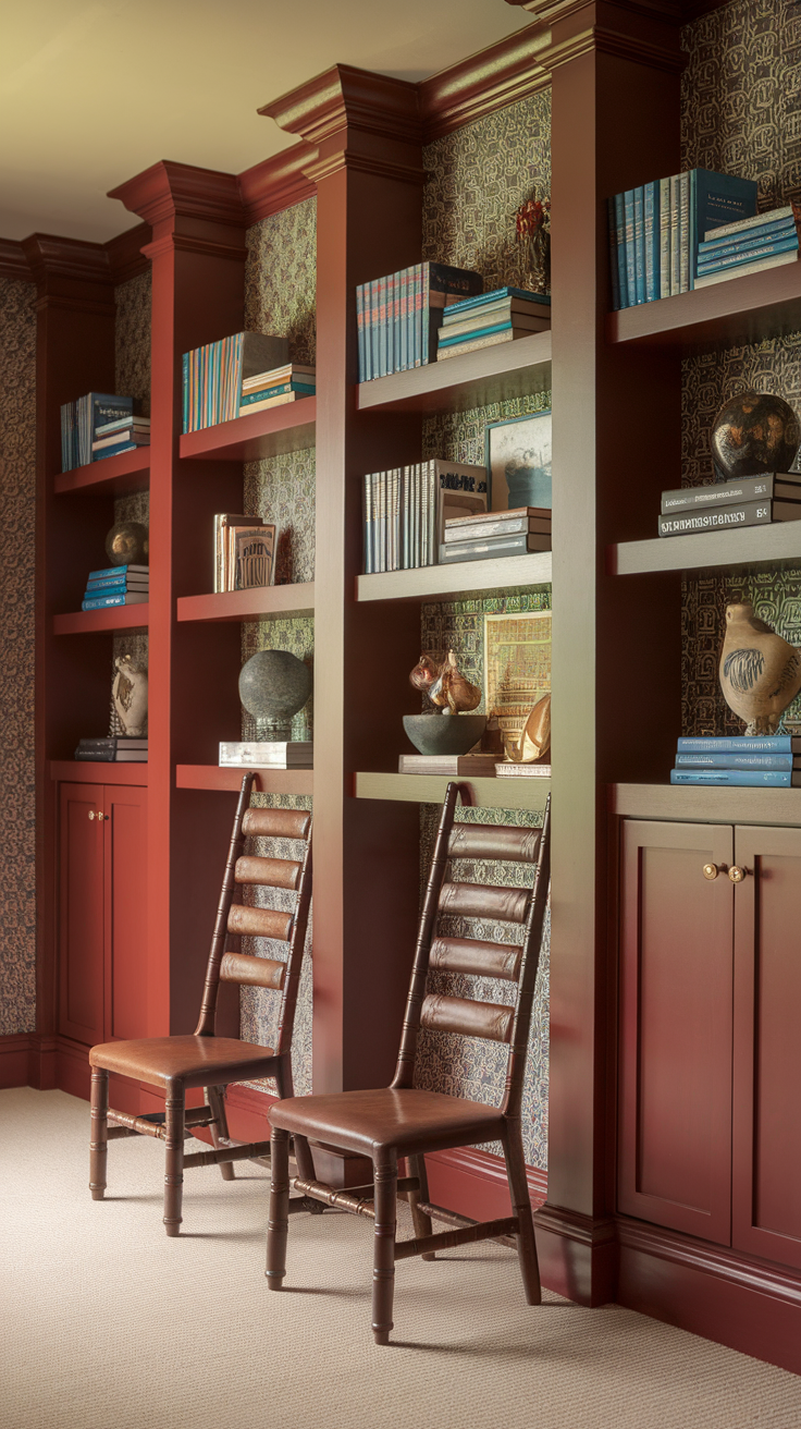 Cherry wood wall shelves with books and decorative items