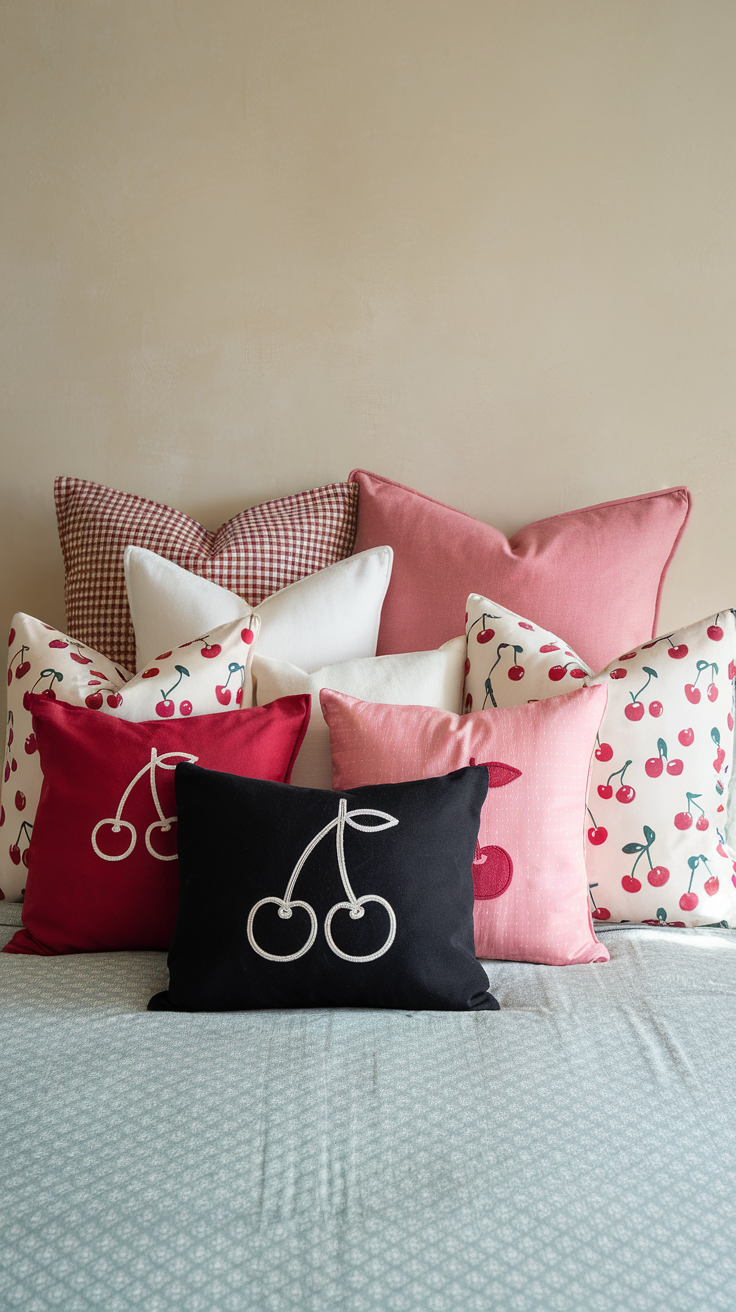 A collection of cherry-inspired throw pillows in various patterns and colors arranged on a bed.