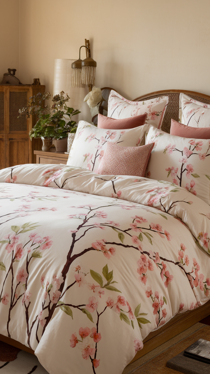 A beautifully arranged bedding set featuring cherry blossom designs in soft pink colors.