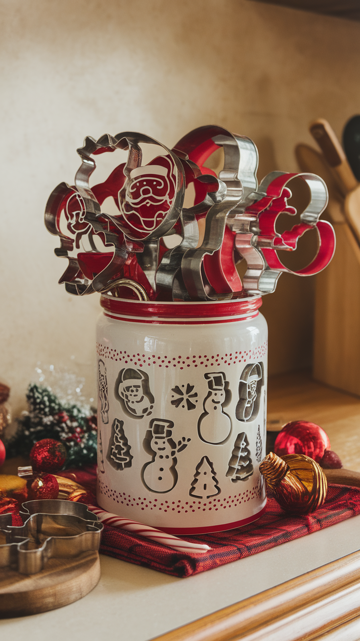 A collection of Christmas-themed cookie cutters in a jar, featuring shapes like Santa, snowmen, and Christmas trees.