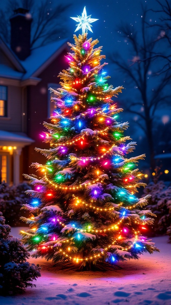 Colorful LED Christmas tree decorated with bright lights and a star on top, set against a snowy night backdrop.