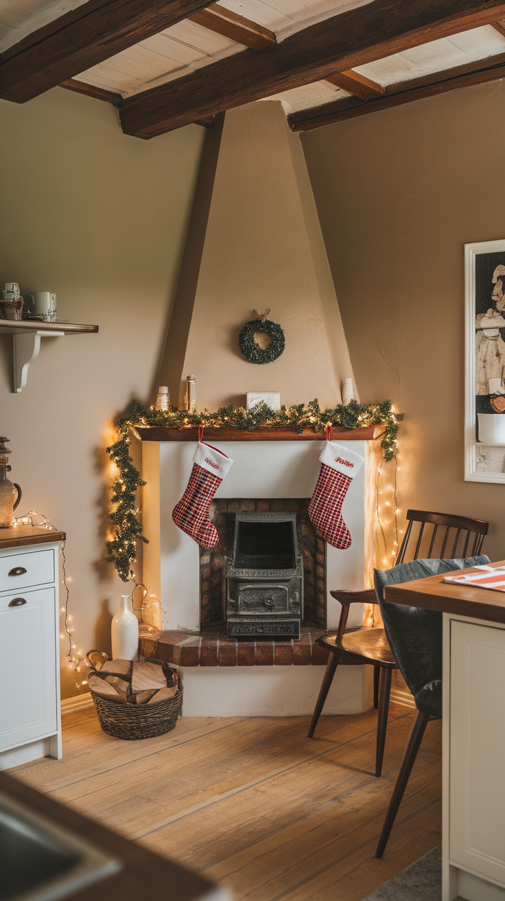 A cozy kitchen corner featuring a fireplace, stockings, and festive decorations.