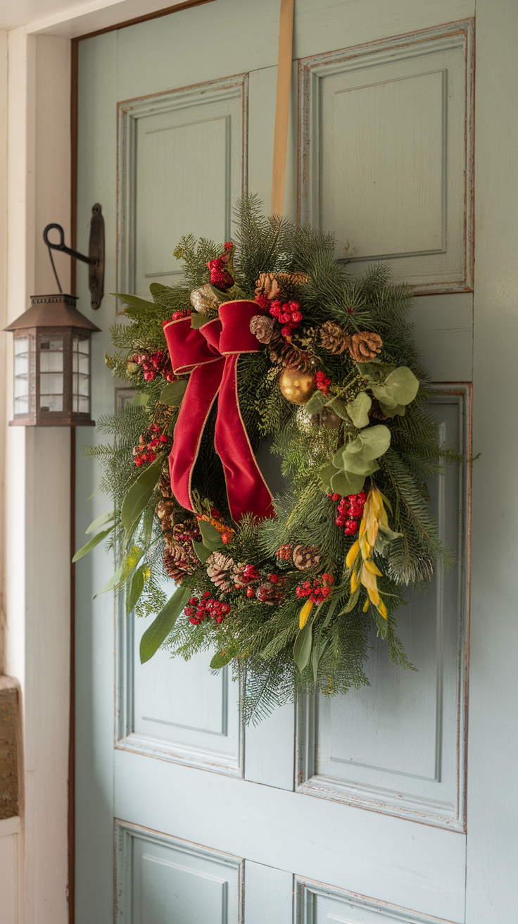 A festive Christmas wreath with a red bow, pinecones, and berries on a blue door.