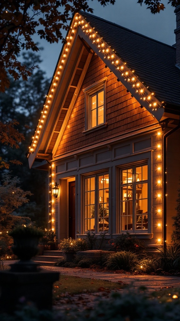 A beautifully lit house with warm string lights outlining the roof and porch, creating a cozy atmosphere.