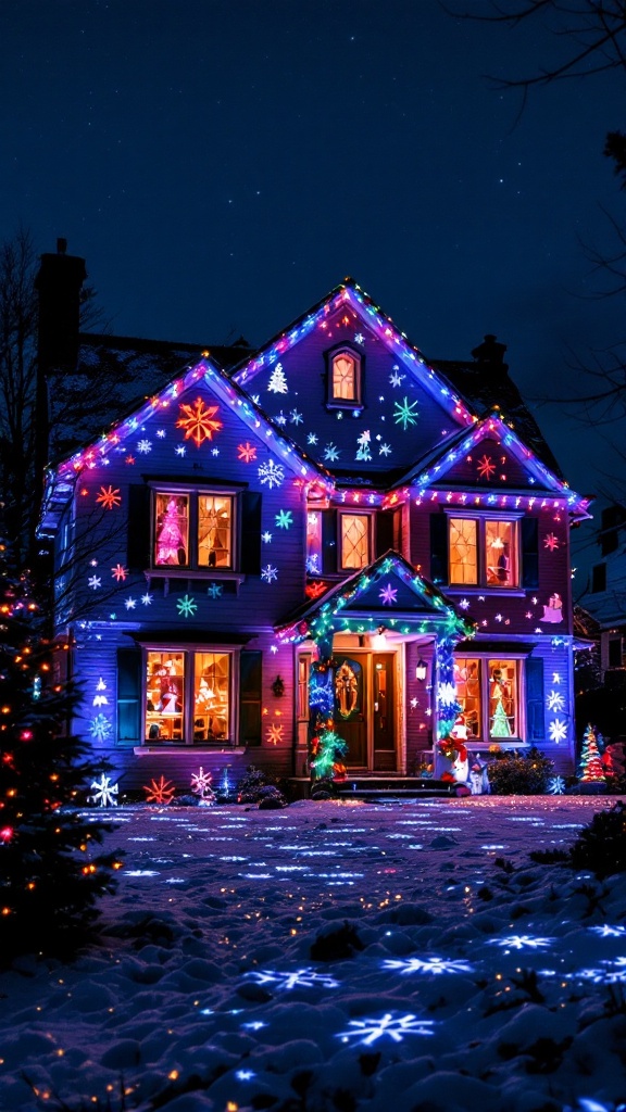 A beautifully decorated house with colorful lights and snowflake projections on a snowy night.