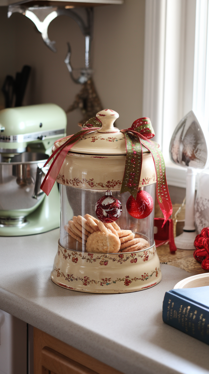 A decorative cookie canister with cookies inside, adorned with a ribbon and ornaments.