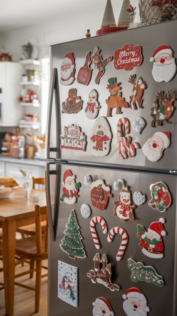 A festive refrigerator decorated with various holiday-themed magnets including Santa Claus, Christmas trees, and candy canes.