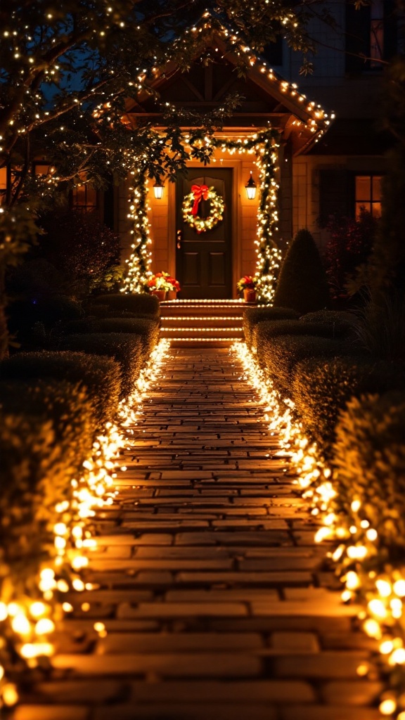 A beautifully lit pathway leading to a house, adorned with string lights and a wreath.