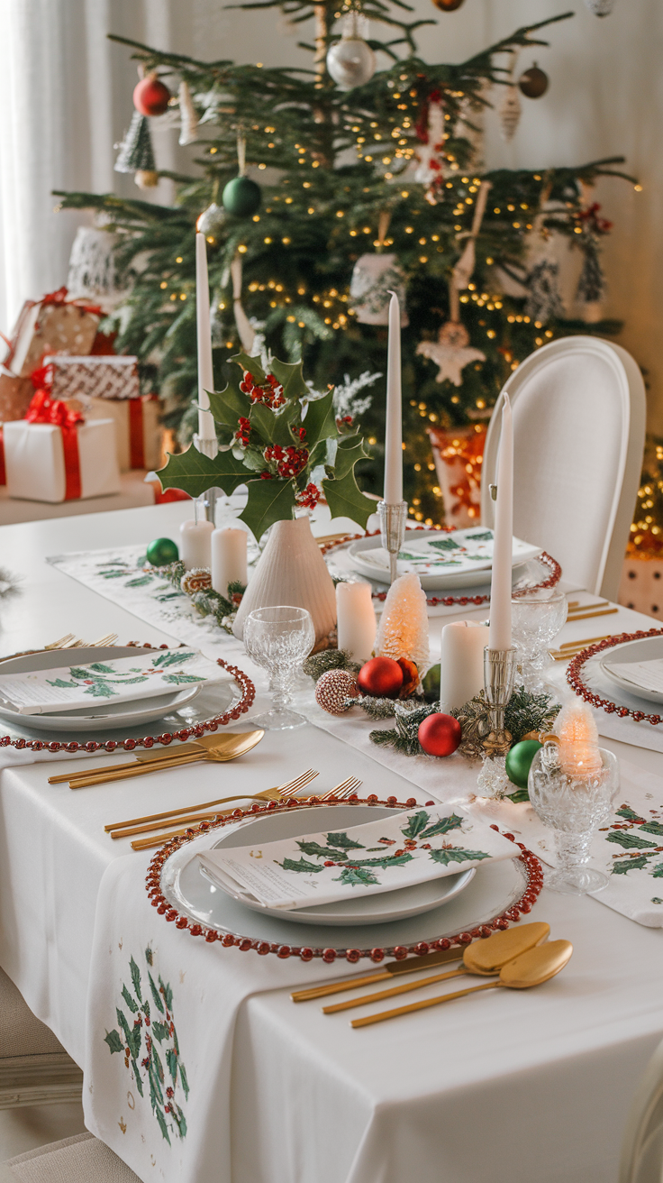 A beautifully set holiday dining table with elegant linens, festive decorations, and candles.