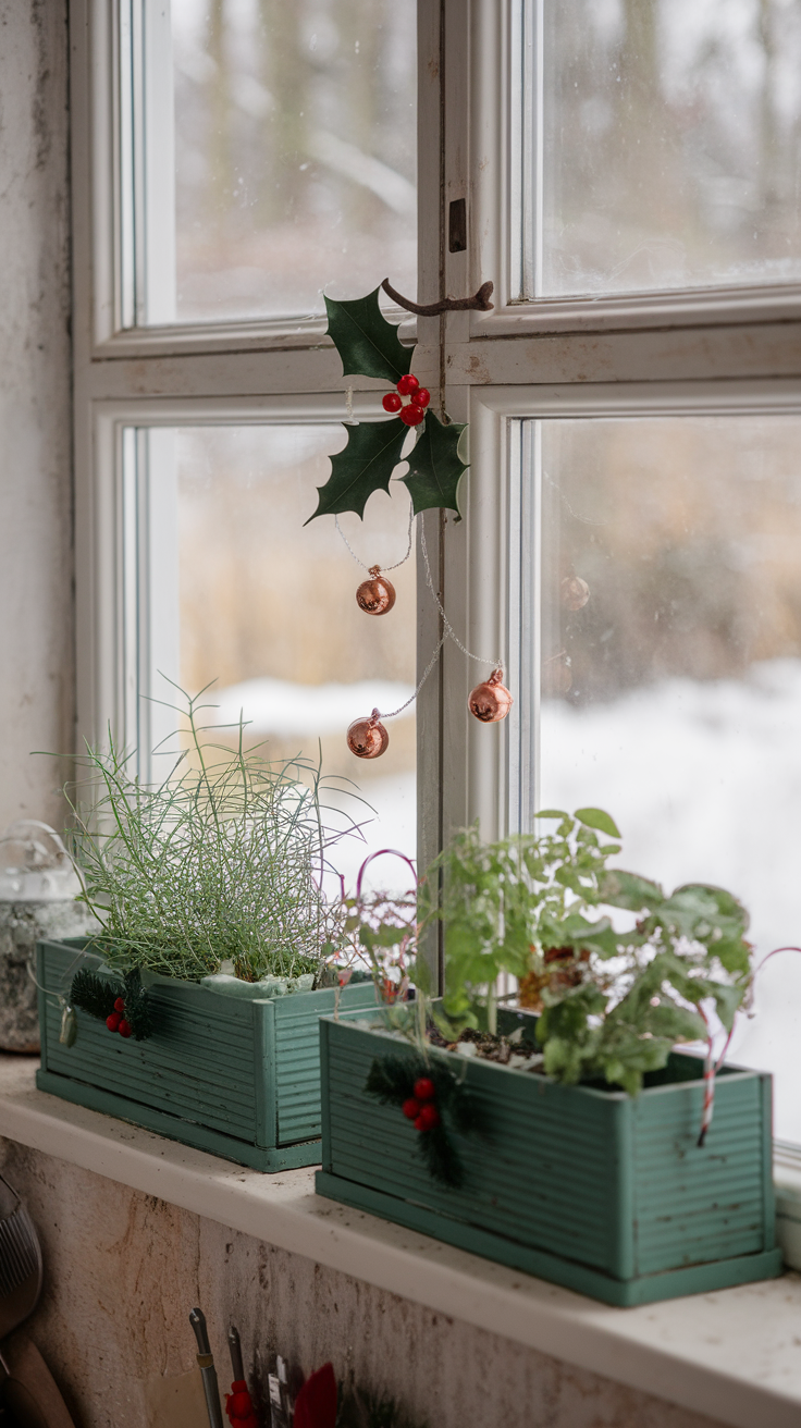 Festive herb planters with greenery and holiday decorations by a window