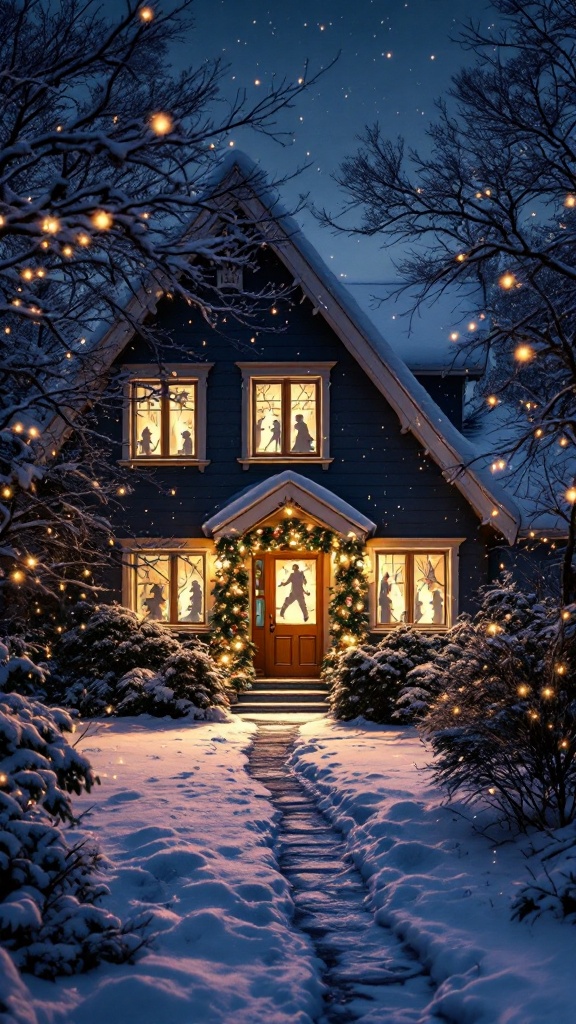 A cozy house decorated for the holidays, with silhouettes in the windows and snow-covered surroundings.