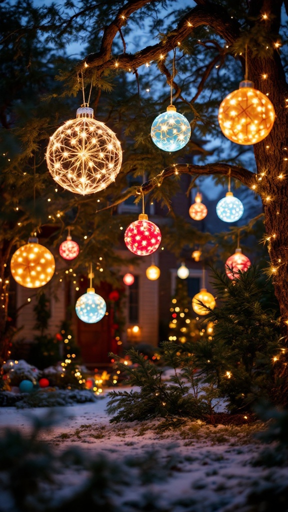 Colorful Christmas ornaments glowing in a snowy yard.