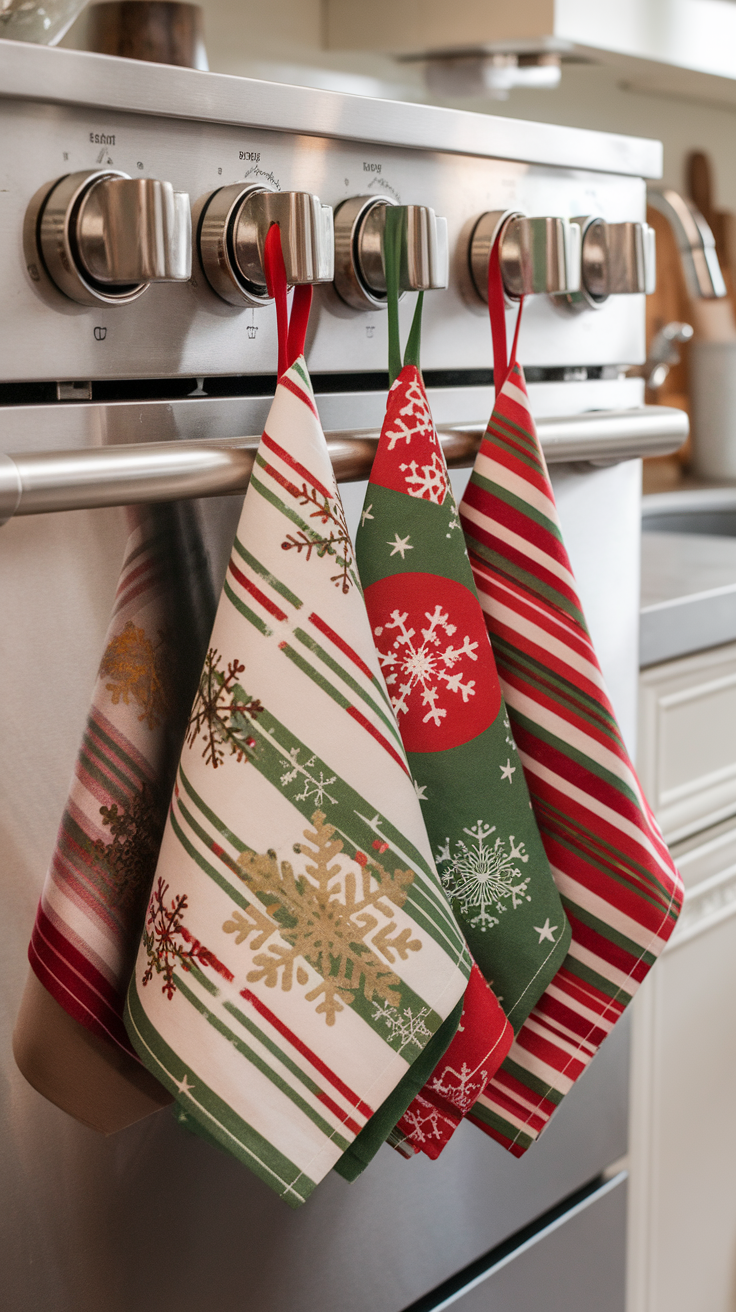 Colorful holiday-themed dish towels hanging from an oven handle