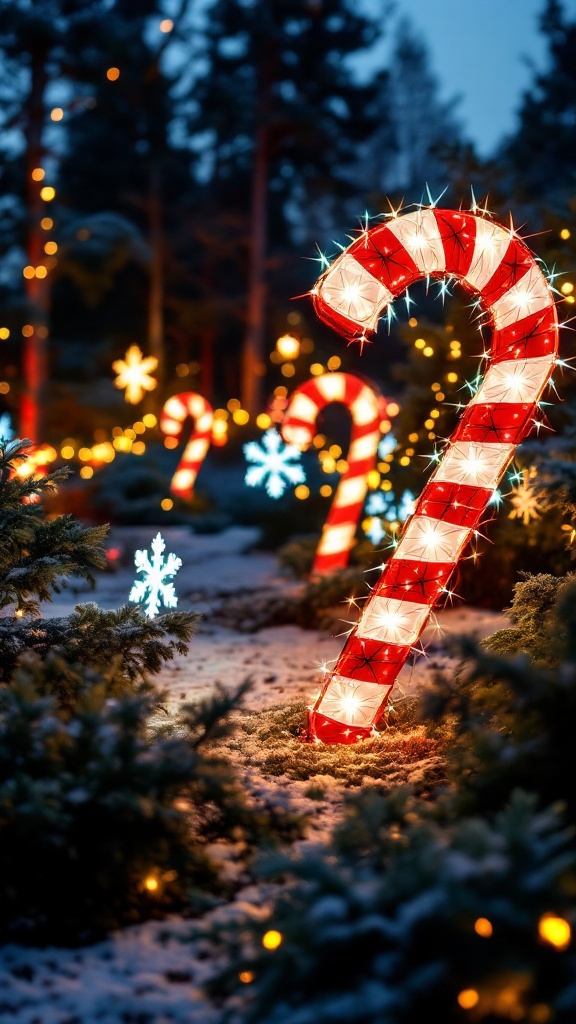 Colorful holiday themed garden lights featuring candy cane and snowflake designs.